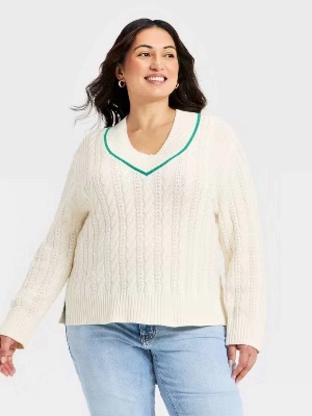 Ava & Viv Cable Knit V-Neck Sweater in Cream NWT 2X
